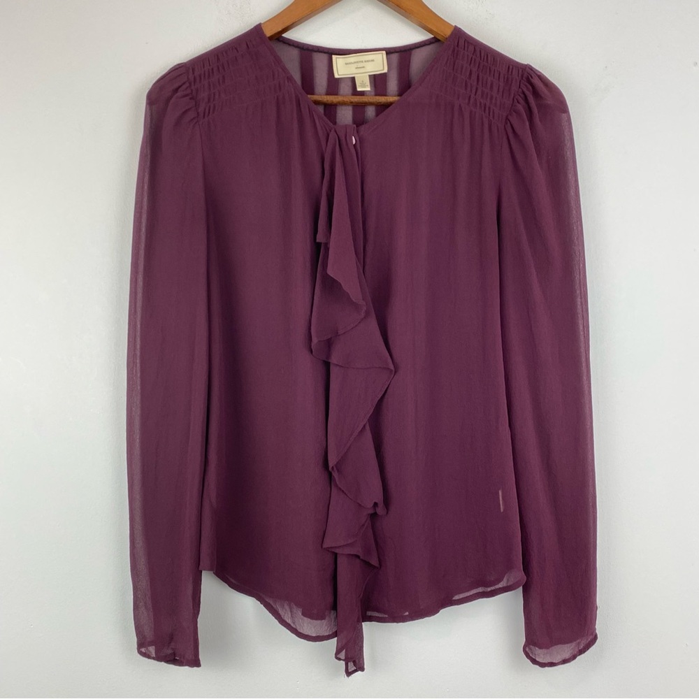 Moulinette Soeurs size 2 Women’s Plum Purple Silk Cascade Ruffle Button Up Top